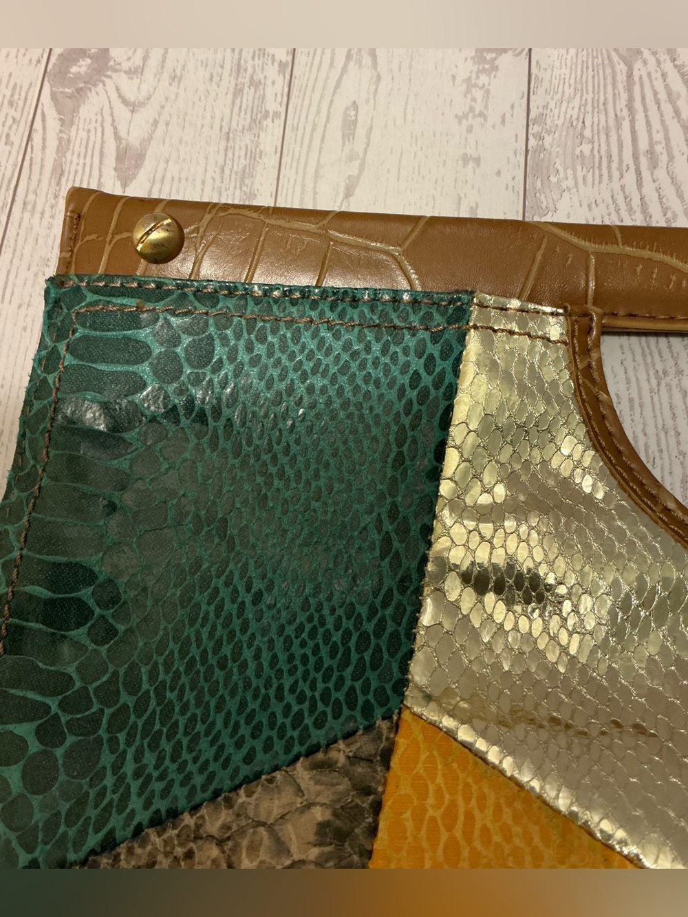 Nine West Multicolor Faux Snake Print Patchwork Clutch with Gold Accents - Picture 5 of 12